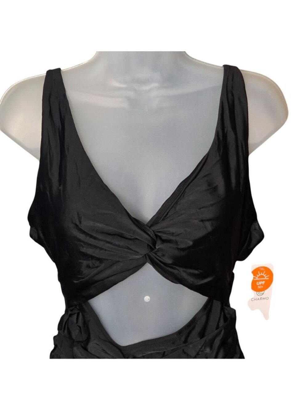 Black One‑Piece Swimsuit LG UPF 50 Twist Front Keyhole Ruched Adjustable - Picture 2 of 9